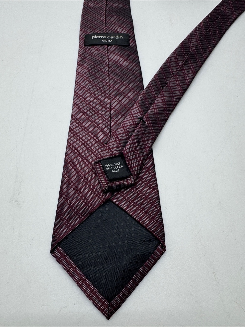 Pierre Cardin Men's Slim 100% Silk Tie in Burgundy Plaid #0094